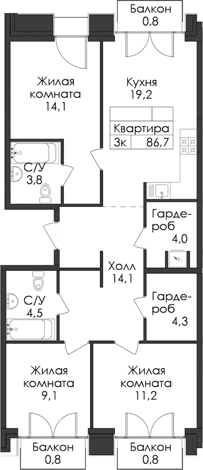 3-комнатная квартира 86.7 м², 5/7 эт., ЖК «Лермонтовский 54»